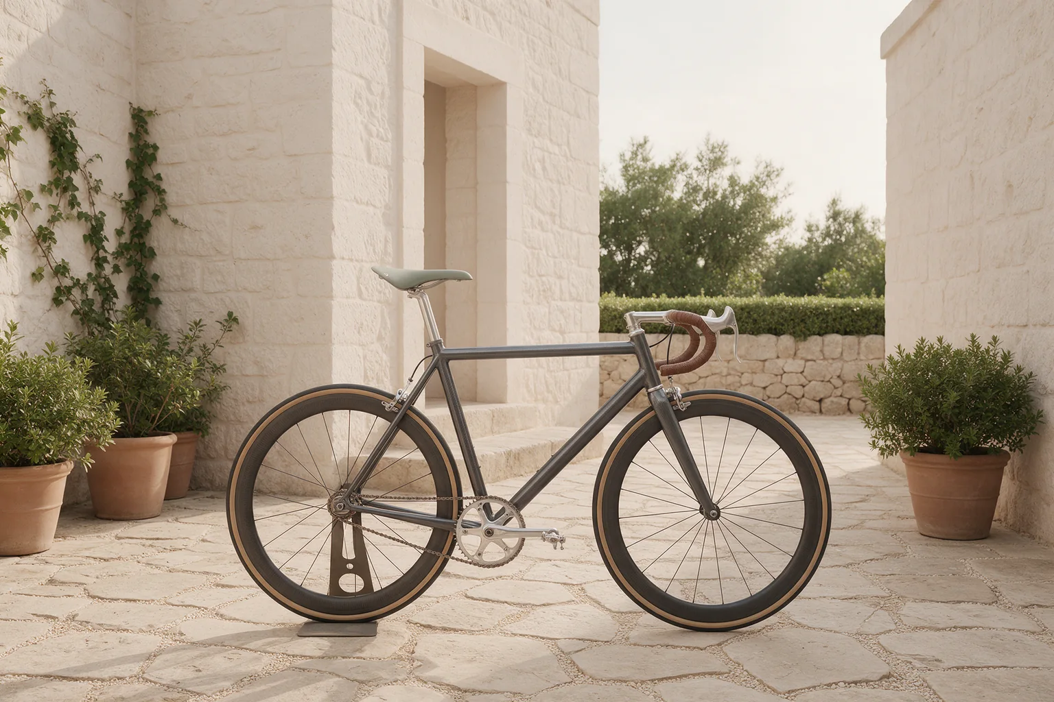 Graphite performance bicycle showing painted frame tubes and front fork