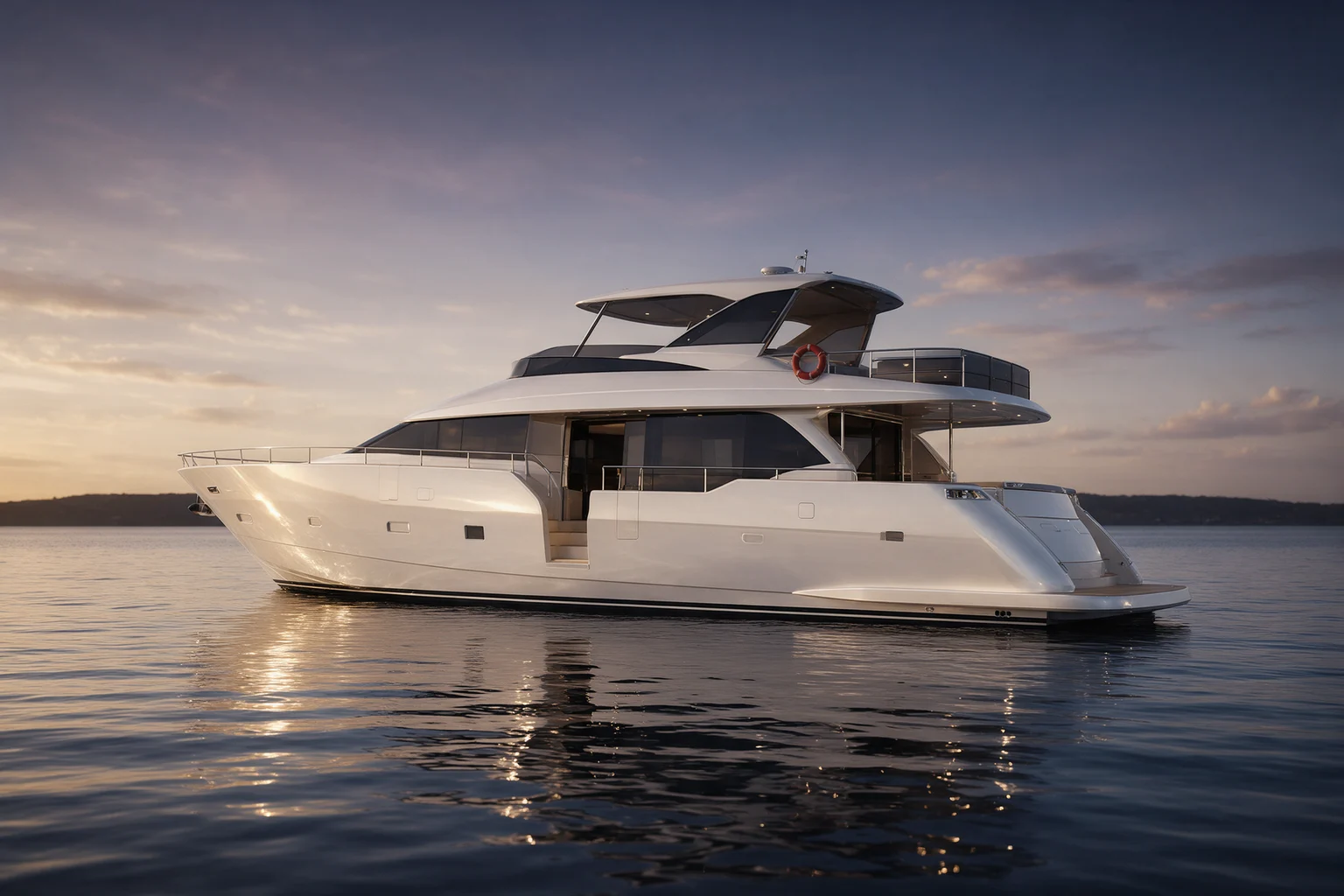 Luxury motor yacht with expansive dark side-window glazing on calm water at sunset